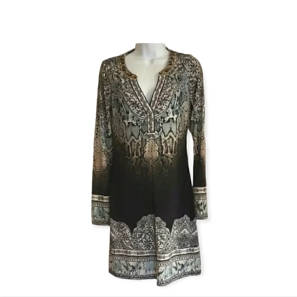 New Hale Bob Paisley Print Jersey Shift Dress Long Sleeve sz.XS ret.$216